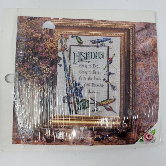Fishing Saying Kit Cross Stitch #5263 Fish Poles Lures Make Up Lies 9”X 12” OPEN - Picture 3 of 4